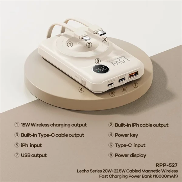 Remax 10000mAh Magnetic Wireless Powerbank 15W QC  Fast Charging with 2 Built-In Cable  RPP-527 - Image 3