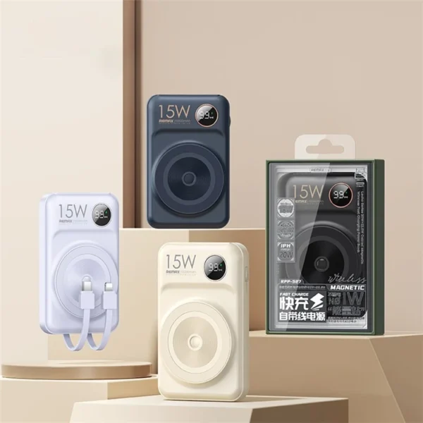 Remax 10000mAh Magnetic Wireless Powerbank 15W QC  Fast Charging with 2 Built-In Cable  RPP-527 - Image 4