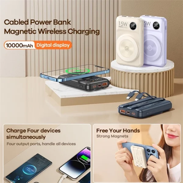 Remax 10000mAh Magnetic Wireless Powerbank 15W QC  Fast Charging with 2 Built-In Cable  RPP-527 - Image 6
