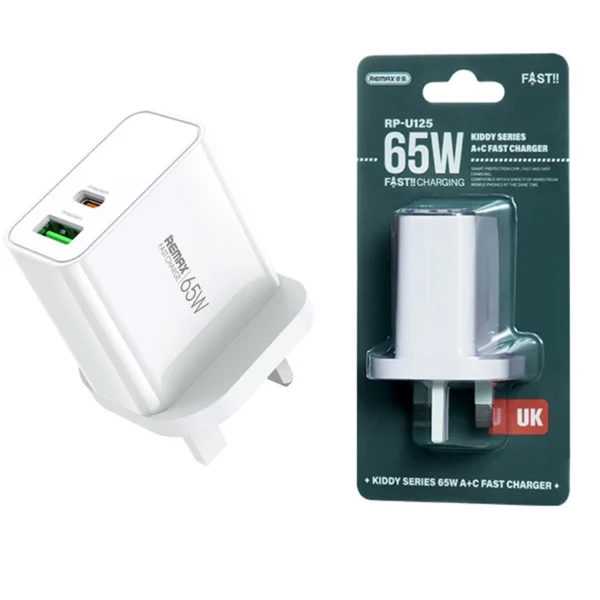 Remax 65W UK Plug Fast Charging Adapter with Type-c and USB Port for Multiple Devices Use RP-U125 -WHITE- - Image 2