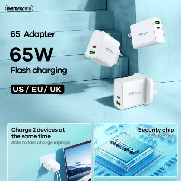 Remax 65W UK Plug Fast Charging Adapter with Type-c and USB Port for Multiple Devices Use RP-U125 -WHITE- - Image 4