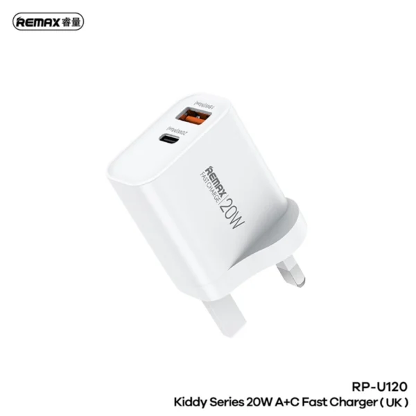 Remax 20W UK Plug Type-c and USB Port Fast Charger for Phone RP-U120 -WHITE- - Image 5