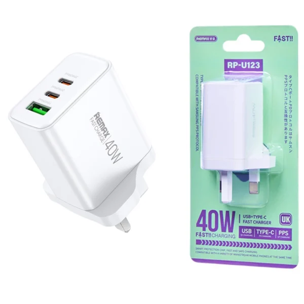 Remax 40W UK Plug Fast Charger with 2 Type-c and 1 USB Port for Home Office RP-U123 -WHITE- - Image 3