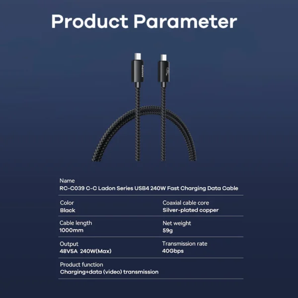 Remax Type-c to Type-c 240W Fast Charging Data Cable for Notebook RC-C039 - Image 7
