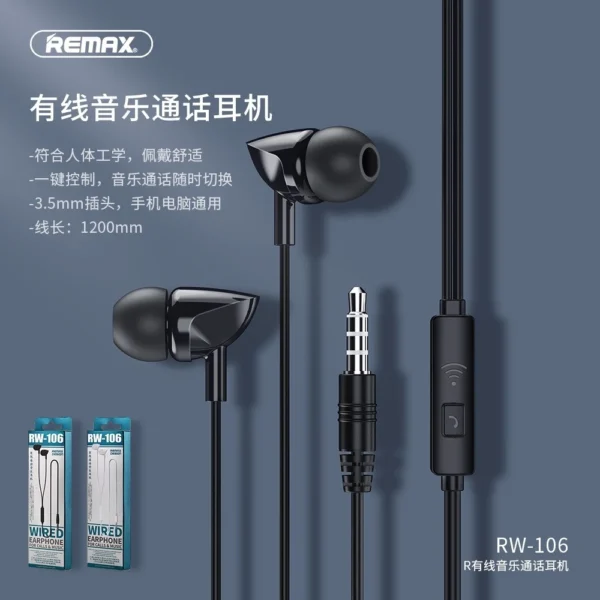 Remax Wired Earphone 3.5mm Plug  One-button Control RW-106 - Image 3