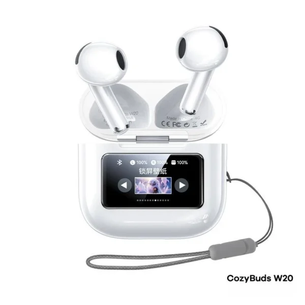 Remax Wireless Bluetooth Earbuds LCD Screen Touch for Mobile Phone Cozybuds W20 -WHITE- - Image 4