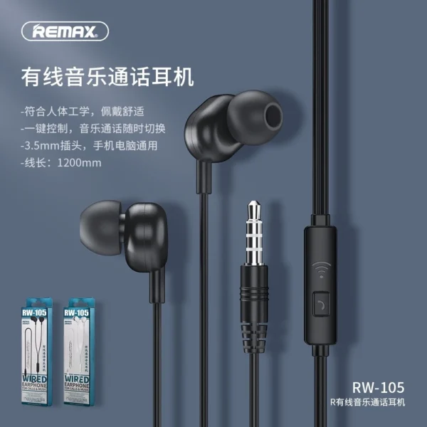 Remax Wired Earphone 3.5mm Plug  One-button Control RW-105 - Image 4