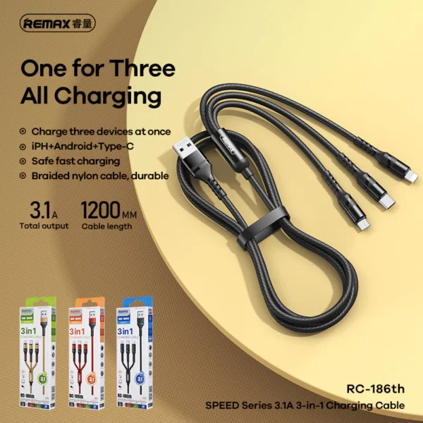 Remax 3.1A Mobile Phone 3 in 1 Fast Charging Cable  for Multiple Devices RC-186th -BLACK- - Image 2