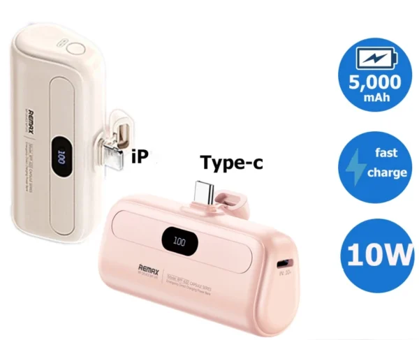 Remax 5000mAh Mini PowerBank 10W  LED Display Fast Charging Type-c/iP Port for Phone RPP-632/633