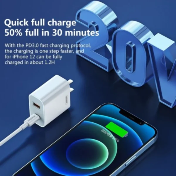 Remax 20W PD+QC Fast Charger Dual Ports for Smart Phone RP-U68 WHITE - Image 2