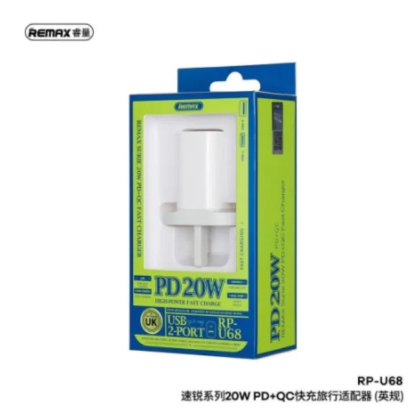 Remax 20W PD+QC Fast Charger Dual Ports for Smart Phone RP-U68 WHITE - Image 3