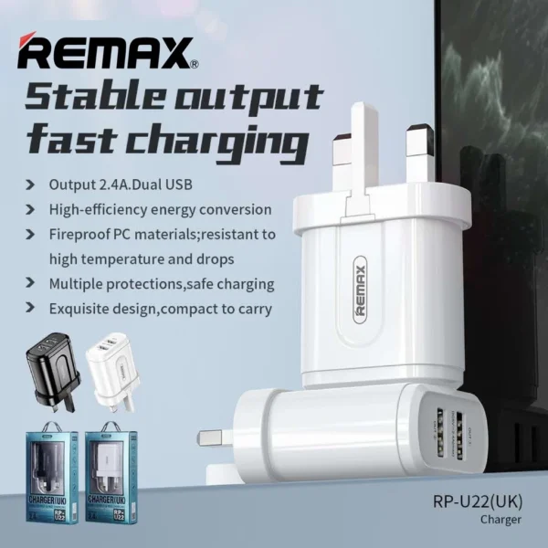 Remax 2 USB Port Fast Charging 2.4A Charger UK Plug for Mobile Phone RP-U22 - Image 4