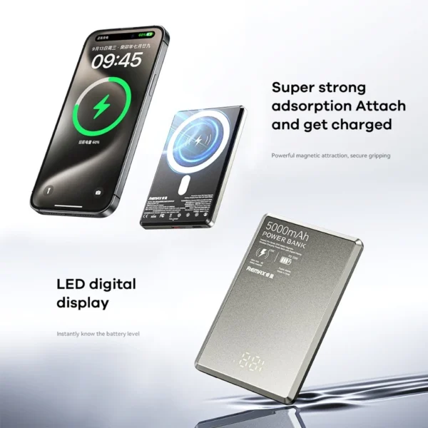 Remax Power Bank 5000mAh 20W Metal Magnetic Wireless Charging with Digital Display RPP-107 - Image 3