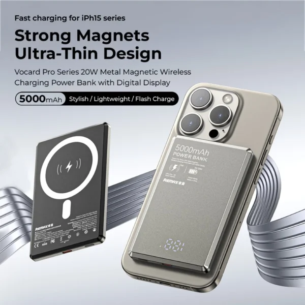 Remax Power Bank 5000mAh 20W Metal Magnetic Wireless Charging with Digital Display RPP-107 - Image 4