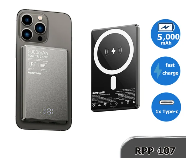 Remax Power Bank 5000mAh 20W Metal Magnetic Wireless Charging with Digital Display RPP-107