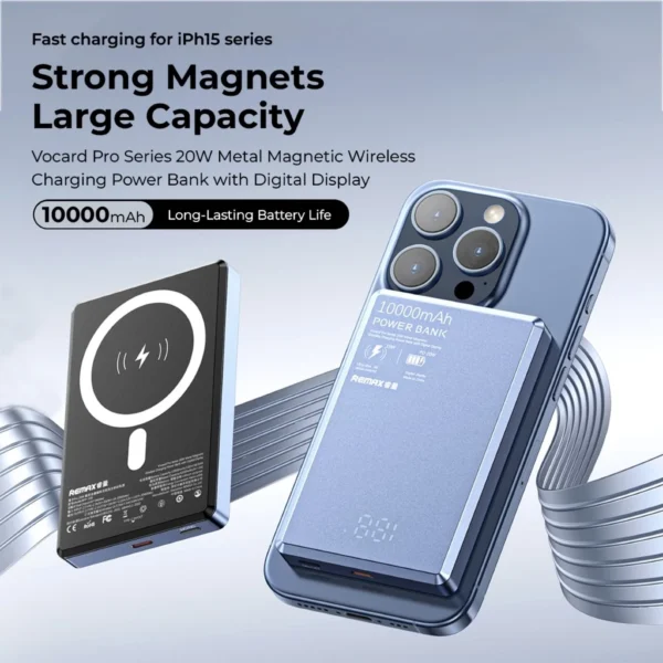 Remax Power Bank 5000mAh 20W Metal Magnetic Wireless Charging with Digital Display RPP-107 - Image 7