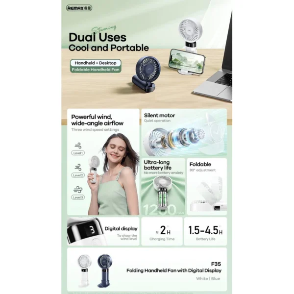 Remax 1200mAh Handheld Fan with Digital Display F35 - Image 3
