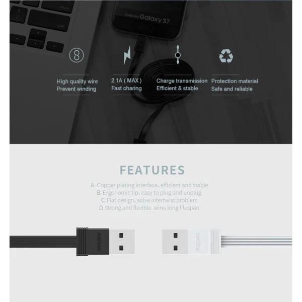 Remax 2 Cables Pack with 1m Length and 16cm Length Portable for Phone RC-062 - Image 5