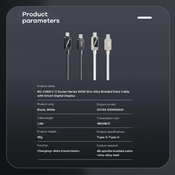 Remax 100W Data Cable with Smart Digital Display for Phone and Laptop RC-C069 BLACK - Image 3