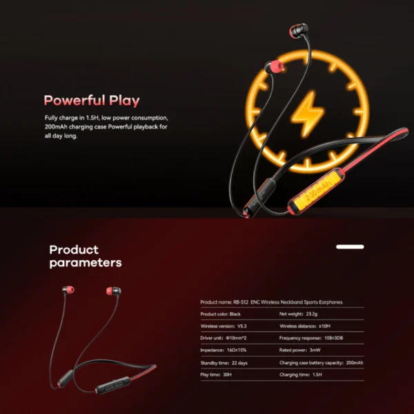 Remax Bluetooth 5.3 Wireless Neckband Sports Earphones for Mobile Phone RB-S12 - Image 4