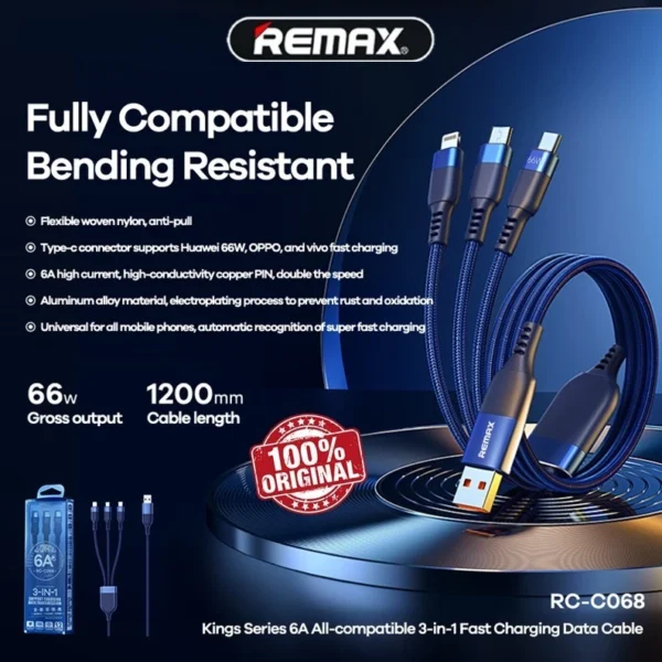 Remax 3 in 1 Super Fast Charging 66W Data Cable for Multiple Devices RC-C068 - Image 7