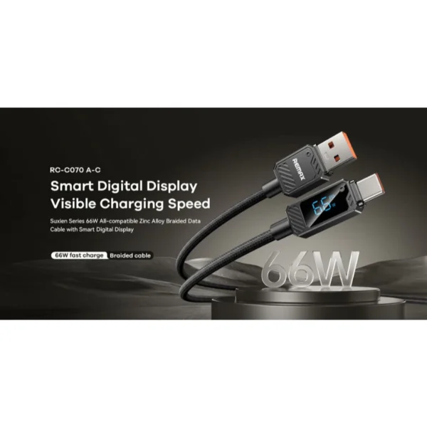 Remax USB to Type-C 66W Fast Charging Cable with Display for Mobile Phone and Laptop RC-C070 - Image 4