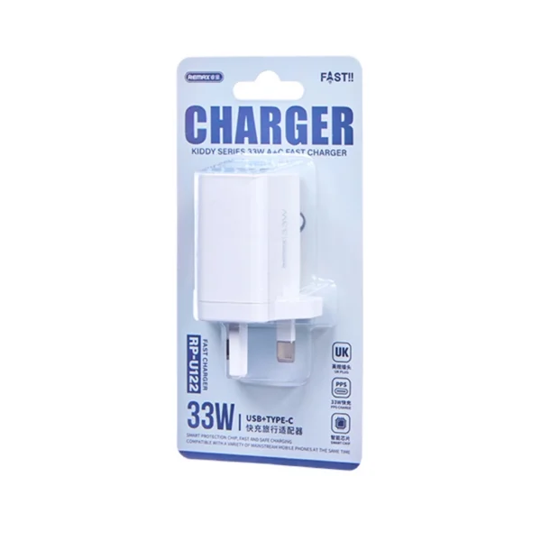 Remax 33W UK Plug Fast Charging Adapter Type-c and USB Port for Travel RP-U122 - Image 2