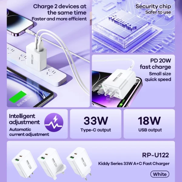Remax 33W UK Plug Fast Charging Adapter Type-c and USB Port for Travel RP-U122 - Image 3