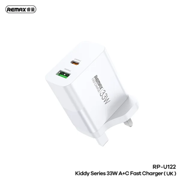 Remax 33W UK Plug Fast Charging Adapter Type-c and USB Port for Travel RP-U122