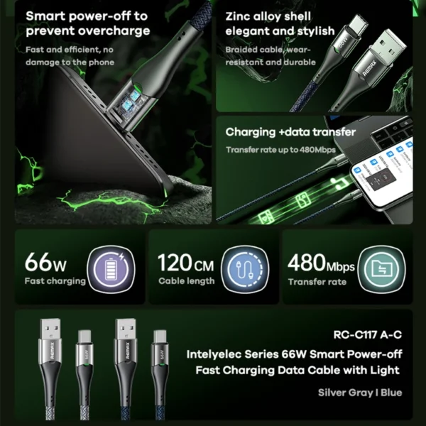 Remax Type-c Quick Charging Cable Smart Power-off with Light RC-C115 - Image 3