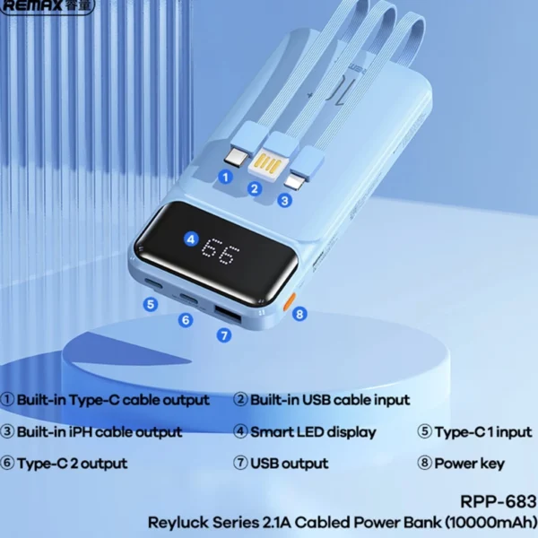Remax 10000mAh PowerBank with Built in Cable for Multiple Devices RPP-683 - Image 3