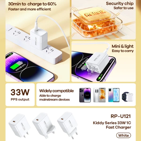 Remax 33W UK Plug Type-c Fast Charging Adapter for Phone Tablet RP-U121 - Image 4