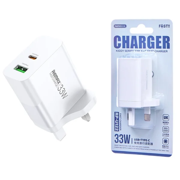 Remax 33W UK Plug Fast Charging Adapter Type-c and USB Port for Travel RP-U122 - Image 4