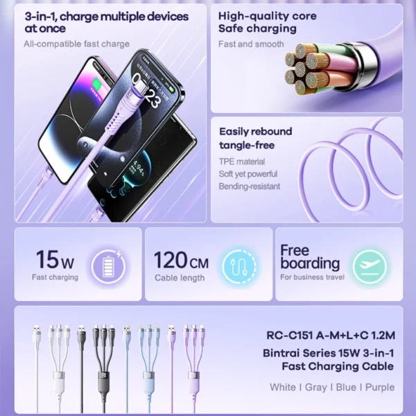 Remax 3 in 1 Fast Charging 15W Cable for Mobile Phone Tablet RC-C151 - Image 4