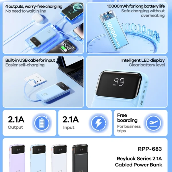 Remax 10000mAh PowerBank with Built in Cable for Multiple Devices RPP-683 - Image 4