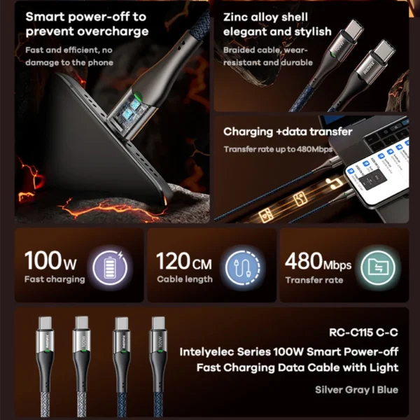 Remax Type-c Quick Charging Cable Smart Power-off with Light RC-C115 - Image 6