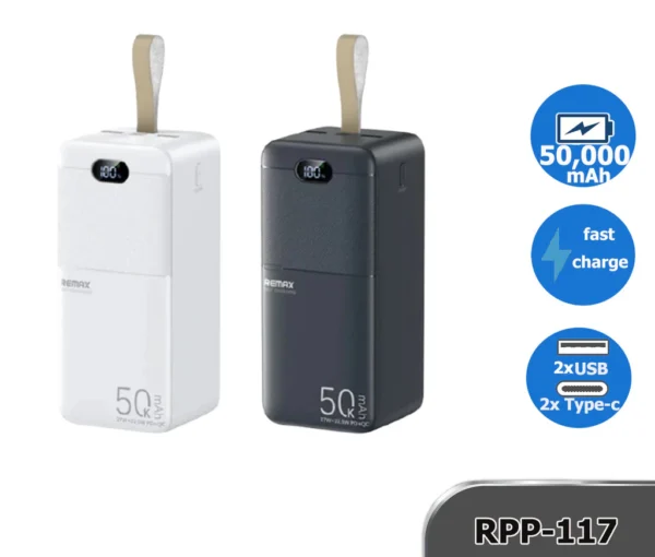 Remax 50000mAh Large Capacity Power Bank  Fast Charging with Smart LED Display for Outdoor RPP-117