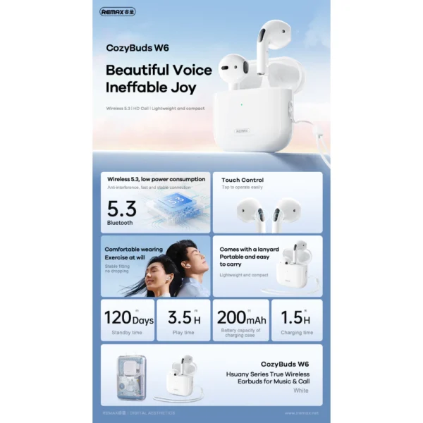 Remax Bluetooth Earphones Wireless 5.3 Music Call Earphones CozyBuds W6 - Image 3