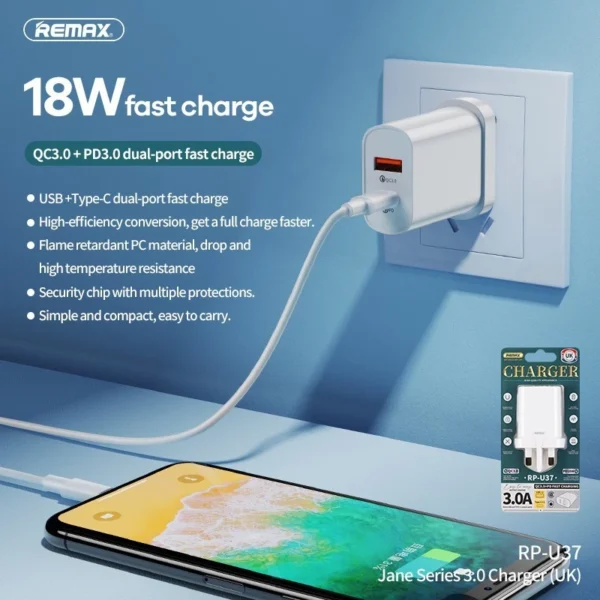 Remax 18W Dual Ports Fast Charging Adapter UK Plug RP-U37 - Image 2