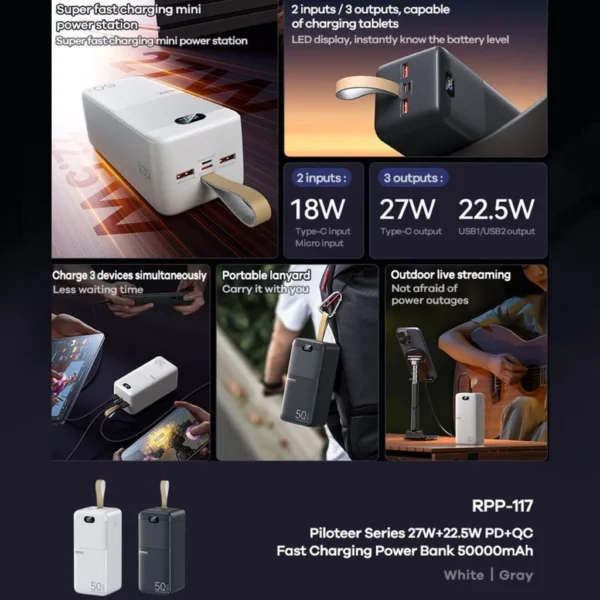 Remax 50000mAh Large Capacity Power Bank  Fast Charging with Smart LED Display for Outdoor RPP-117 - Image 5