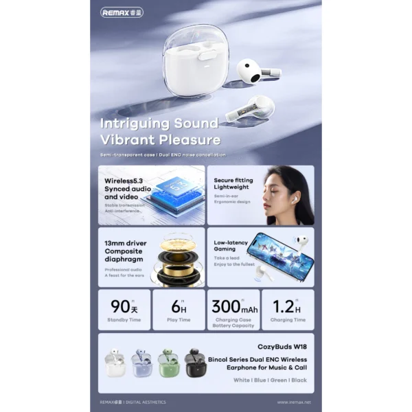 Remax Dual ENC Bluetooth Wireless Noise Reduction Music Call Earbuds CozyBuds W18 - Image 2