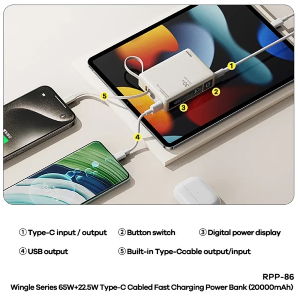 Remax 30W+22.5W Fast Charging Powerbank with Built-in Cable for Phone RPP-86 GREY - Image 2