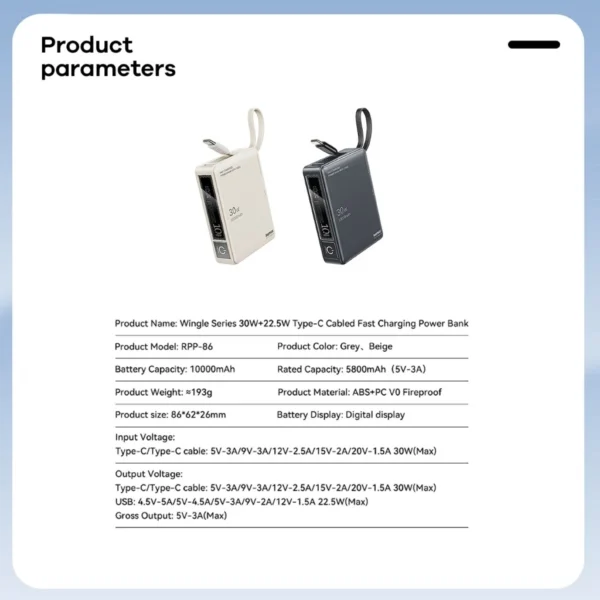 Remax 30W+22.5W Fast Charging Powerbank with Built-in Cable for Phone RPP-86 GREY - Image 3