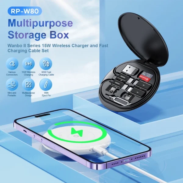 Remax 15W Wireless Charger and Cable Storage Box Set for Phone RP-W80 - Image 4