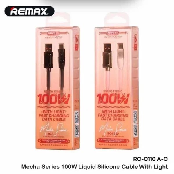 Remax 100W Type C Cable with Light Quick Charging Data Cable for Phone and Laptop RC-C110 BLACK - Image 3