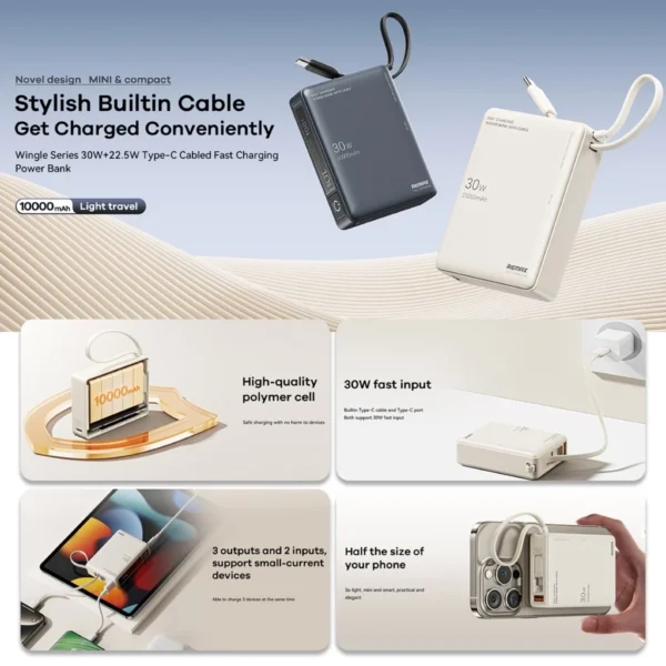 Remax 30W+22.5W Fast Charging Powerbank with Built-in Cable for Phone RPP-86 GREY - Image 6