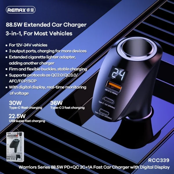 Remax 88.5W PD+QC  Fast Car Charger with Digital Display for Car RCC339 - Image 2