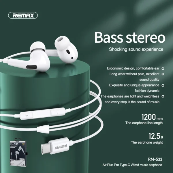 Remax Type-C and Lightning Wired Earphones for Calls & Music In-Ear Headphones RM-533 - Image 5