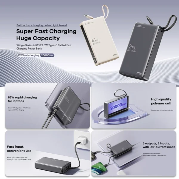 Remax 30W+22.5W Fast Charging Powerbank with Built-in Cable for Phone RPP-86 GREY - Image 7