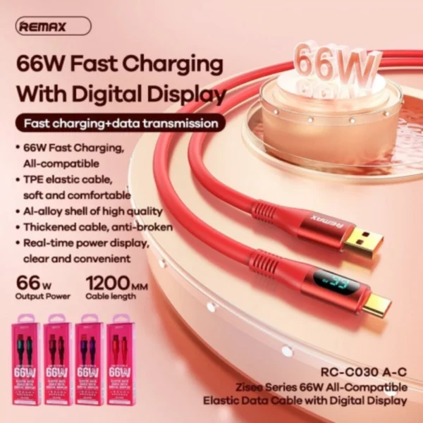 Remax 66W Type-c Quick Charging Cable with Digital Display for Mobile Phone RC-C030 - Image 3
